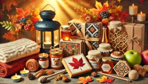 Die besten Geschenke für jeden Tag im September 2024: Herbstliche Überraschungen auf einem Holztisch, darunter schwarze und goldene Windlichter, warme Schals, Honiggläser, personalisierte Puzzles und rustikale Kerzen, umgeben von goldenem Sonnenlicht und bunten Herbstblättern.