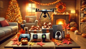 Geschenkideen für Oktober 2024 Herbstliche Szene mit verschiedenen hochwertigen Geschenkartikeln auf einem Tisch, darunter Gadgets und Küchenutensilien, dekoriert mit Herbstlaub und Kürbissen